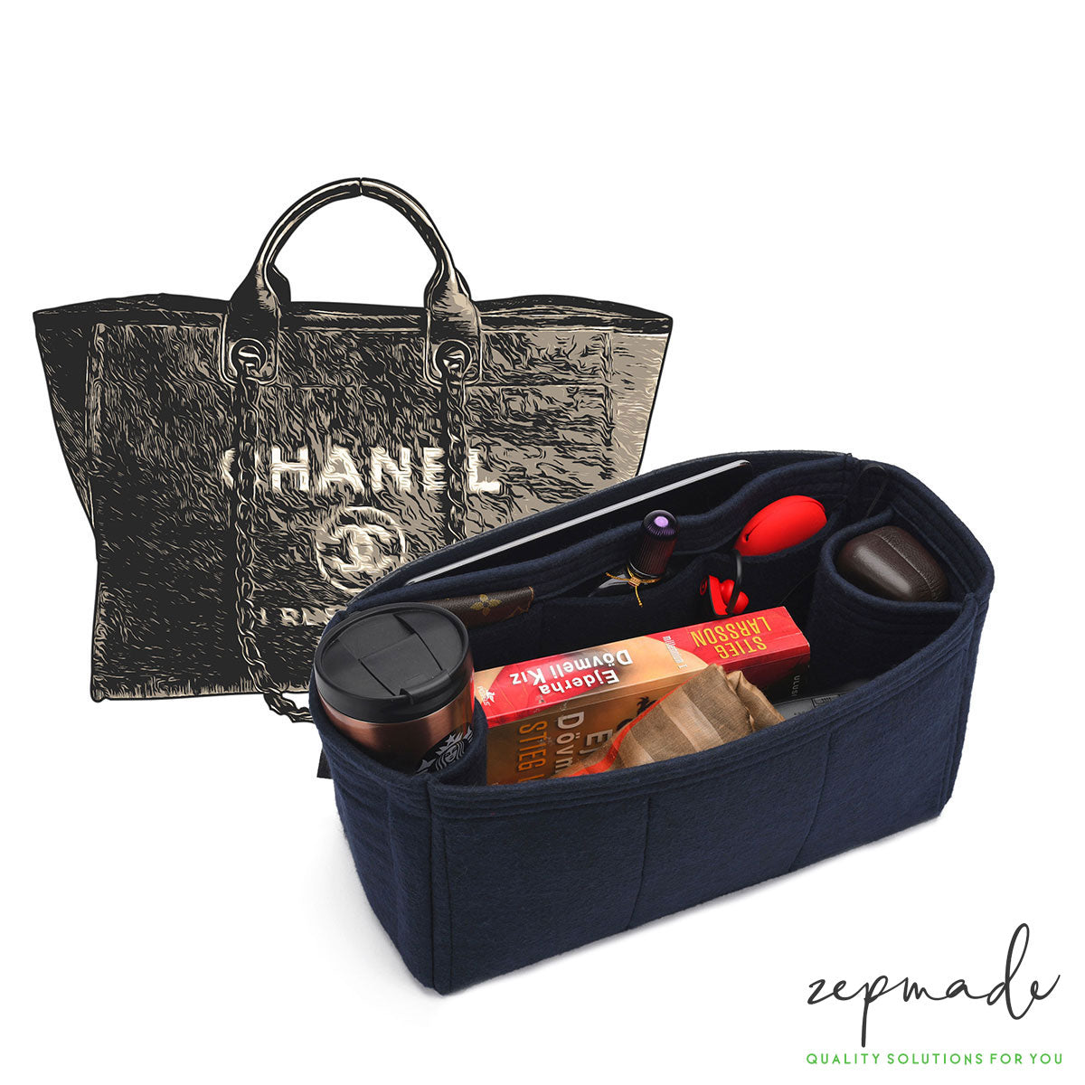 Chanel Deauville Canvas Tote Organizer Insert, Bag Organizer with Double Bottle Holders