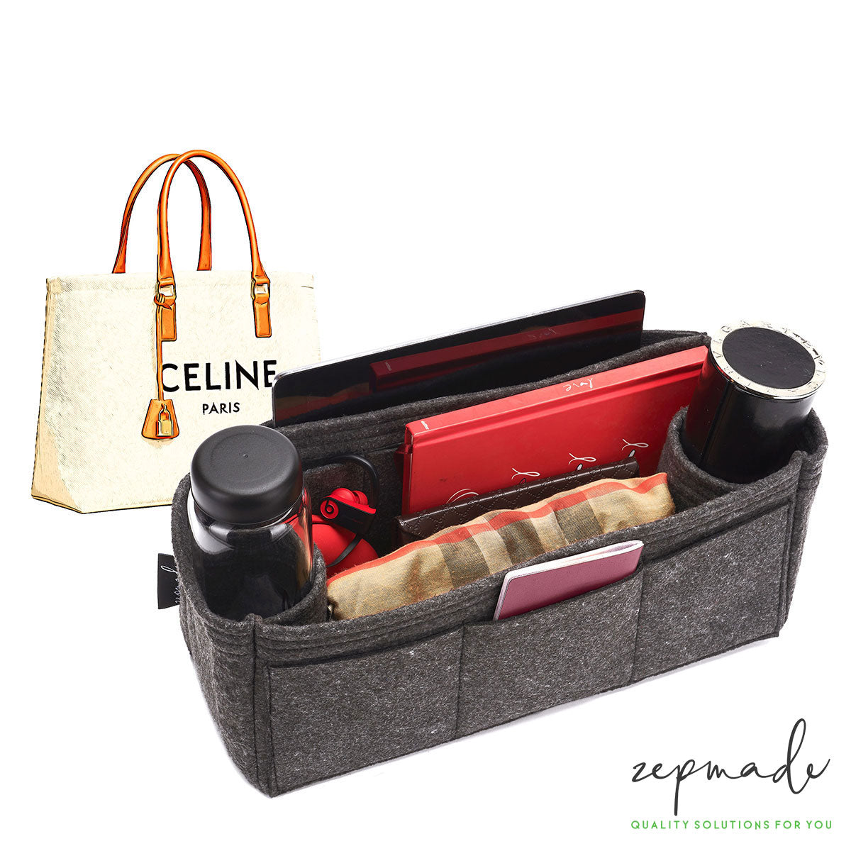 Purse Organizer Insert for Celine Horizontal Cabas, Bag Organizer with  Double Bottle Holders and Exterior Pockets