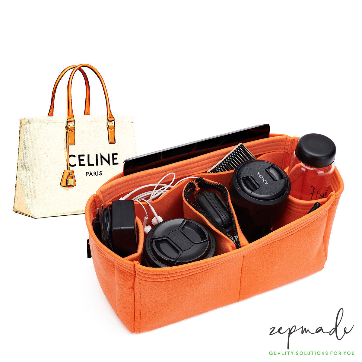 Purse Organizer Insert for Celine Horizontal Cabas, Bag Organizer with  Zipper Middle Pouch and Double Bottle Holders