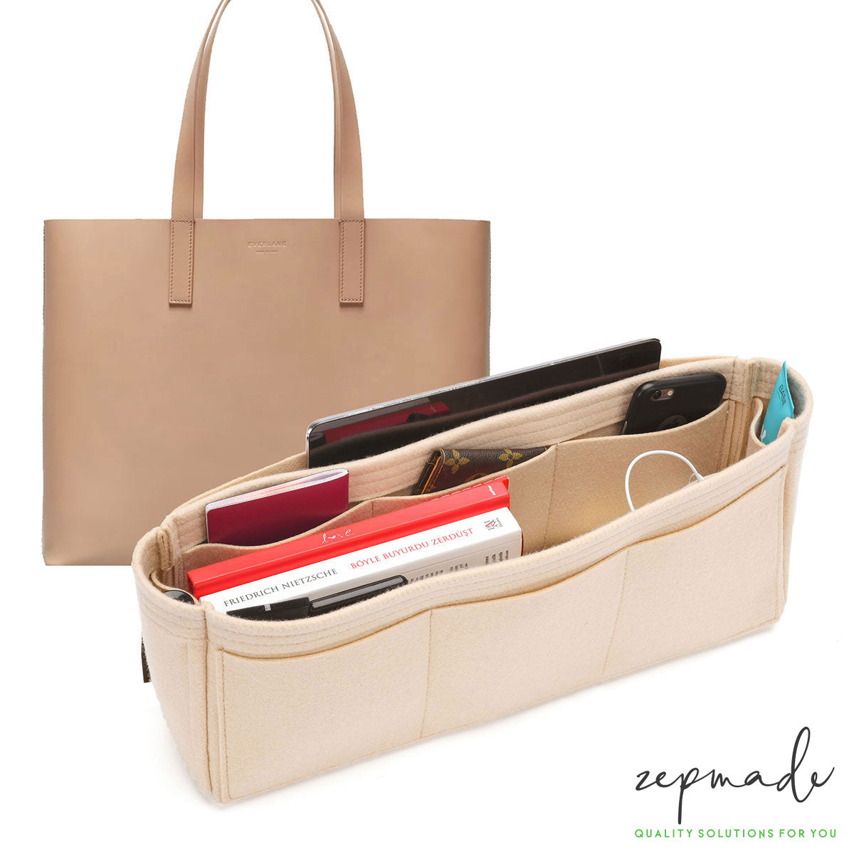 Vegan Leather Tote Bag Organizer Insert with Laptop Compartment